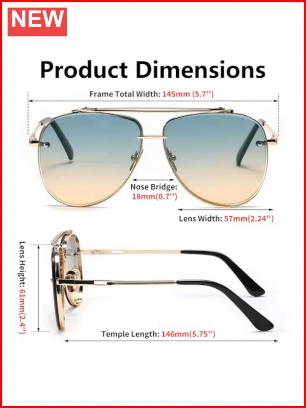 Oversized Aviator Sunglasses Metal Frame Gradient Lenses UV Protection